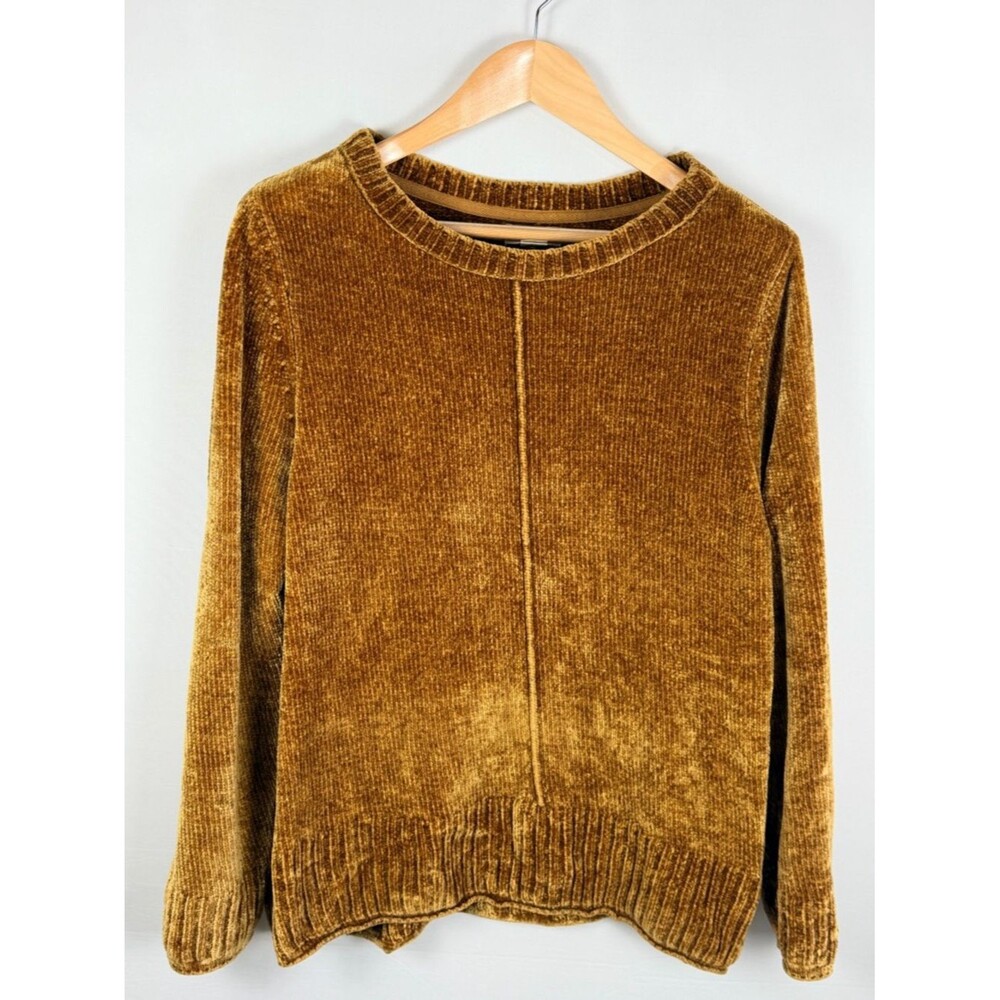 Style & Co XL Chenille Velvet Sweater Mustard Golden Brown Ribbed Cozy Crewneck